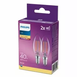 Philips LEDClassic Kerte Filament 40W E14 Varm Hvid Klar Ikke Dæmpbar 2-stk - 8718699664909 -Indendørs Belysning Salgsbutik philips ledclassic kerte filament 40w e14 varm hvid klar ikke daempbar 2 stk 8718699664909 1